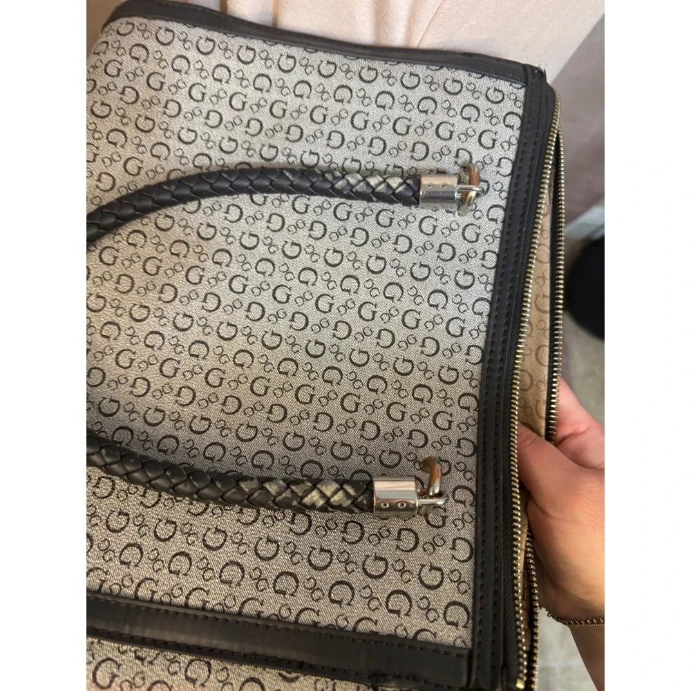 Guess Monogram Satchel Bag Grey Black Logo Print Braided Handle Purse‎